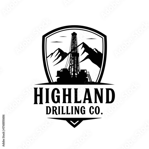 A black and white logo with a drilling rig silhouetted against mountains inside a shield