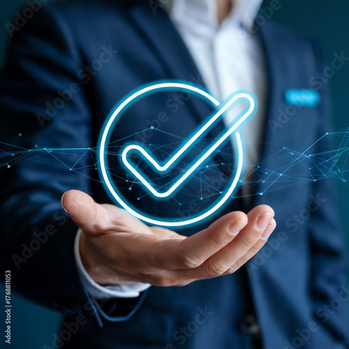 Professional male executive presenting neon outline checkmark icon above network lines in blue holographic display