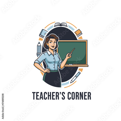 A cartoon teacher holding a pointer with a chalkboard in the background surrounded by school supplies
