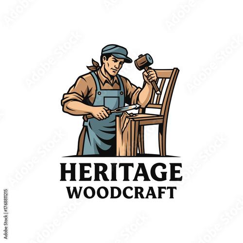 Skilled craftsman carving wood, wearing an apron, using a mallet and chisel to construct a chair