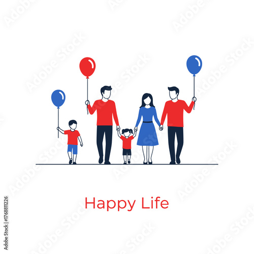A family walks together, holding hands and balloons; stylized image with minimalist design