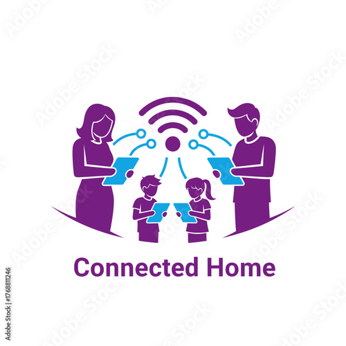 Silhouetted family and Wi-Fi symbol. They are interacting with tablets, conveying technology usage