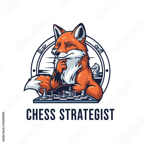 A cunning fox contemplates a chess game, a stylized illustration, within a circular design