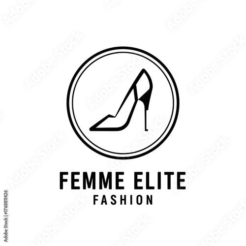 A black and white logo featuring a high-heeled shoe enclosed within a circle, with text below