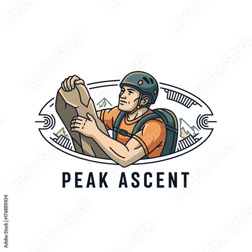 Cartoon illustration of a man climbing a rock face, enclosed in an oval with stylized mountains