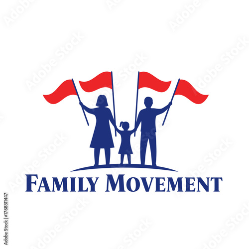 A family silhouette holding flags, with red tops and blue figures, standing on a hill