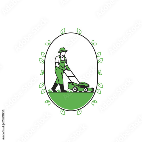A man in green overalls and hat mows grass with a lawnmower within a leaf-framed oval