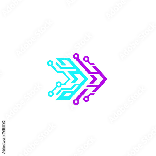 Circuit board design featuring a teal and purple arrow, set against a pristine white backdrop