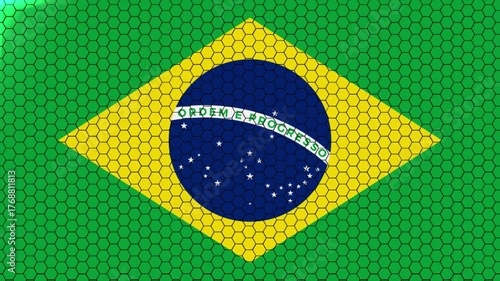 Brazil's flag displayed through a hexagonal grid effect. Animated Brazil flag video. Intro animation. 4K video