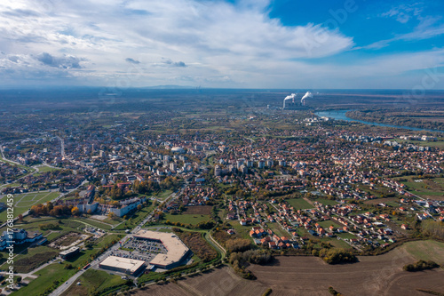 Obrenovac - Aerial view of Serbian city and Sava river