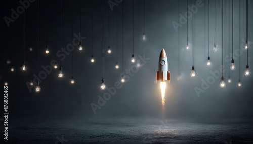 Rocket flying among hanging lights, symbolizing innovation and exploration, igniting dreams and aspirations in dark atmosphere