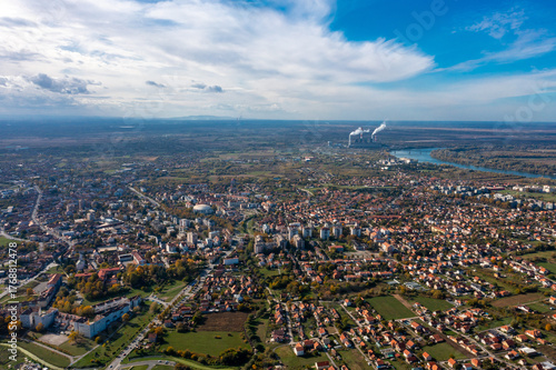 Obrenovac - Aerial view of Serbian city and Sava river