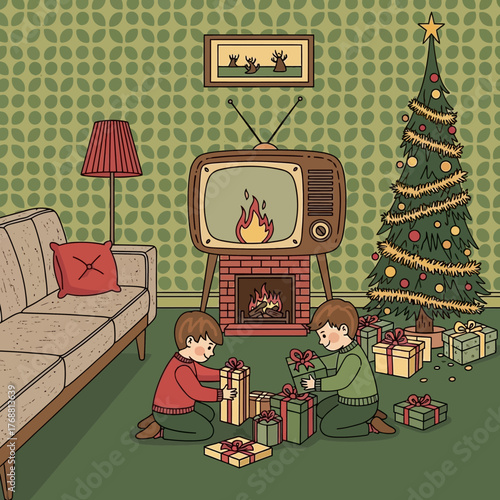 Christmas morning scene with kids unwrapping presents by the tree