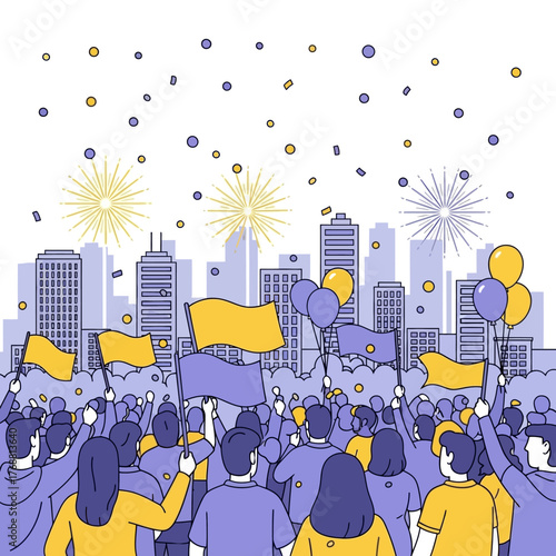 A cheerful crowd of people with flags and balloons celebrating a festival against a city skyline with fireworks