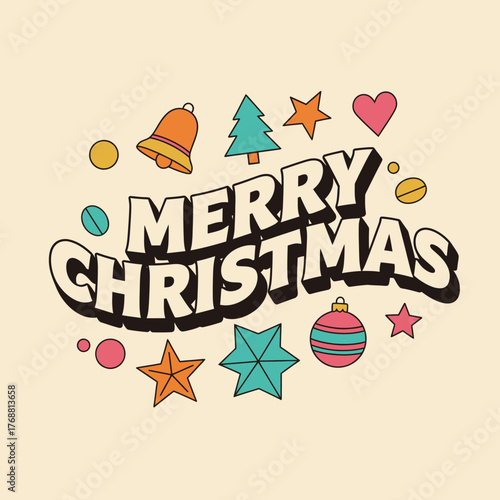 Vintage Merry Christmas typography with festive holiday icons. Retro groovy style greeting card illustration with stars, a tree, and a bell on a beige background
