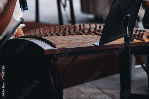 Obraz na plátně Traditional Korean folk musical instrument Gayageum, female orchestra band perfo