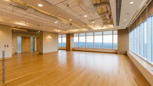 Wallpaper Mural midcentury. Minimalist lounge with warm wood floors and neutral walls, bathed in natural light through expansive windows. real-estate listings. Torontodigital.ca