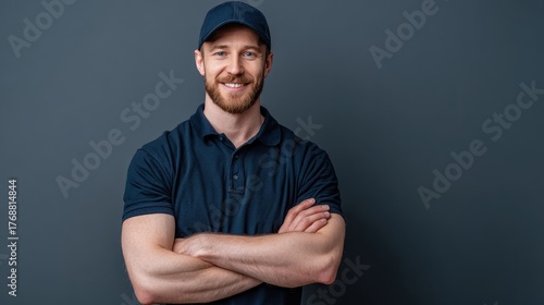 Smiling man with beard in navy polo and cap crosses arms. Ideal for service industry or delivery company promotion.