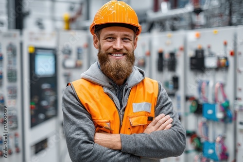 Bearded electrician smiling, wearing hard hat, orange vest with control panel background. This image communicates expertise, safety, and confidence for your business needs.