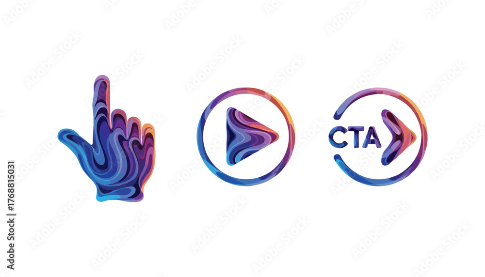 Fototapeta premium Three digital icons: a hand cursor, a play button, and a CTA (call to action) button, all with a swirling, colorful design.