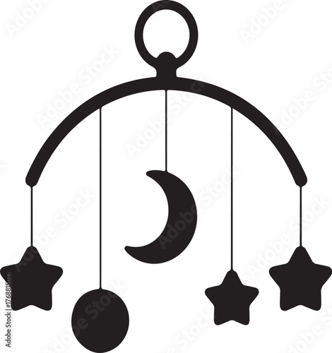 Black silhouette of a baby mobile with stars moon and ball hanging from a curved bar black and white