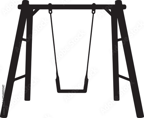 Black silhouette of a playground swing set with a seat hanging from chains on a white background
