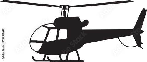 Black silhouette of a small helicopter with rotor blades and landing gear on a white background