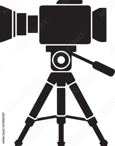 Black silhouette of a video camera on a tripod with a handle filming recording