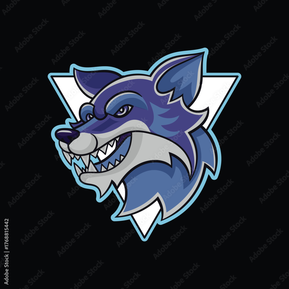 Fototapeta premium Aggressive wolf mascot – stylized blue-gray head with sharp fangs and fierce expression in bold emblem design for gaming, sports, and primal branding.