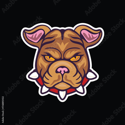Tough bulldog mascot – brown face with yellow eyes, pink nose, and red spiked collar in bold cartoon design for sports, gaming, and strength branding.