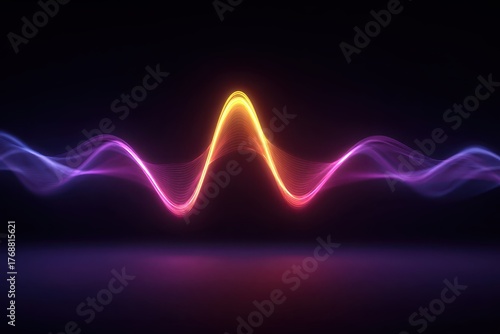 Abstract glowing sine wave in yellow, pink and blue on dark gradient background. It's suitable for technology, science, music or a colorful presentation.