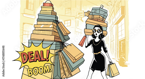 A woman struggles to carry large stacks of shopping bags after finding a great deal in a city shopping district.