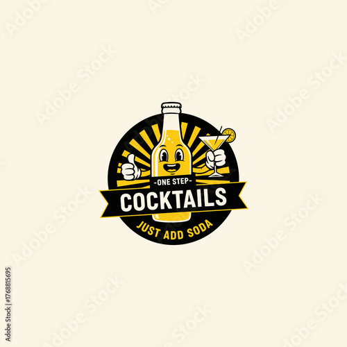 Cheerful cartoon bottle mascot logo holding a cocktail glass, thumbs-up for easy one-step beverage. Vibrant yellow illustration ideal for drink branding and mixology