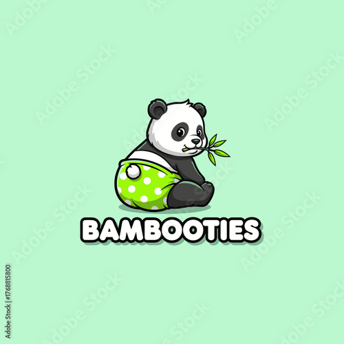 A cute baby panda character illustration wearing a green reusable nappy, sitting and eating bamboo. An adorable animal mascot concept for an eco-friendly brand
