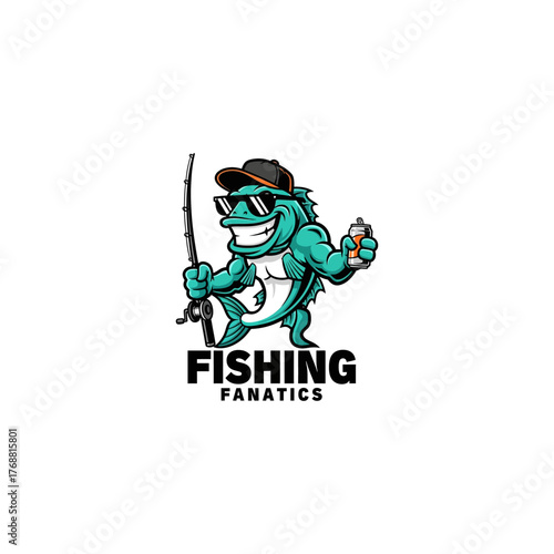 Fishing fanatics cartoon character holding a fishing rod and a drink, perfect for outdoor adventure branding