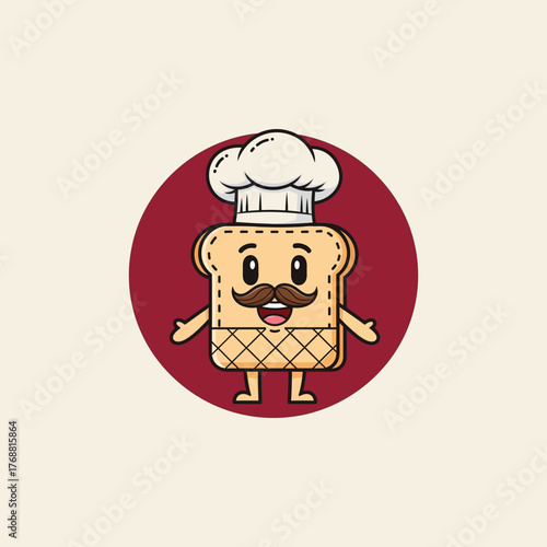 Friendly baker toast character with a chef's hat and mustache. A charming cartoon mascot logo for a bakery or restaurant business