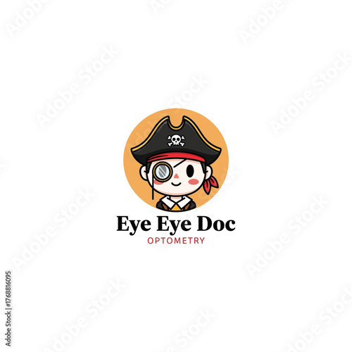 A charming cartoon pirate mascot with a magnifying glass and eyepatch, a creative logo concept for a pediatric optometry clinic or eye doctor