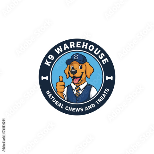 Cheerful cartoon golden retriever mascot in a blue uniform and cap, giving a positive thumbs-up within a circular badge, symbolizing a reliable pet business offering natural dog chews and treats