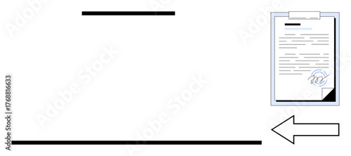 Signed document on clipboard with an arrow suggesting forward movement. Ideal for concepts thumbs up approval, submission, agreement, process, contract review, legal verification, simple flat