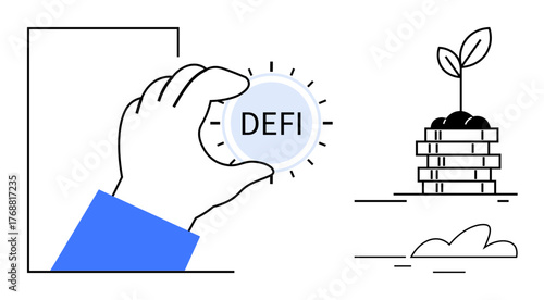 Hand holding DeFi coin alongside a growing plant on stacked coins representing decentralized finance, investment, growth, innovation, sustainability, savings, and progress in a simple flat metaphor
