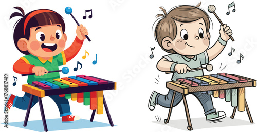 Cartoon children playing xylophones, music education, creative instruments, STEM arts, musical notes, classroom activity, vector illustration, rhythm learning, childhood expression