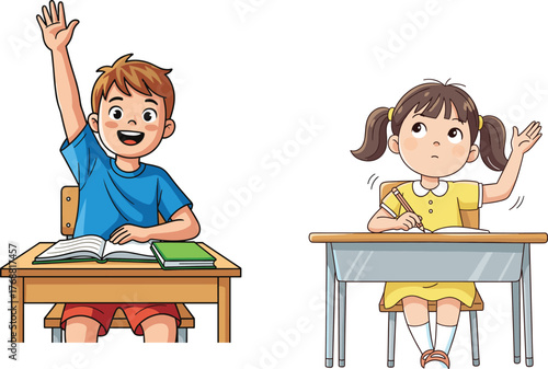 Cartoon children raising hands in classroom, learning activity, student participation, educational scene, fun school moment, vector illustration for kids