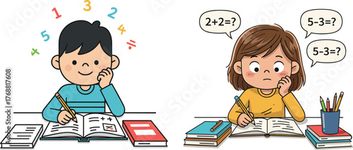 Cartoon children solving math problems, confident and puzzled expressions, classroom learning, educational activity, numbers and symbols, fun vector illustration for kids