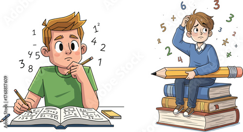 Cartoon children solving math problems, thinking and confusion, educational activity, numbers and symbols, classroom learning, fun vector illustration for kids