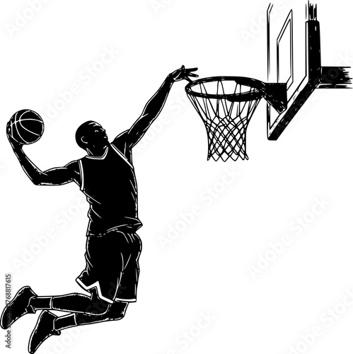 Sketch silhouette of a basketball player dunking the ball isolated on a white background
