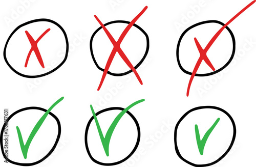 Red hand-drawn cross and green check mark with a grunge grib-style checklist icon, great for approval labels.