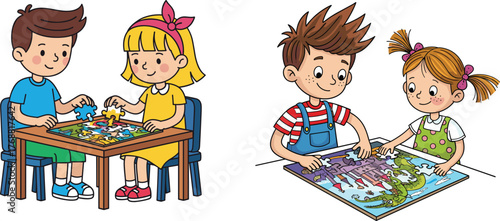 Cartoon children solving puzzles together, teamwork activity, cognitive play, educational fun, childhood learning, student engagement, vector illustration, problem-solving skills