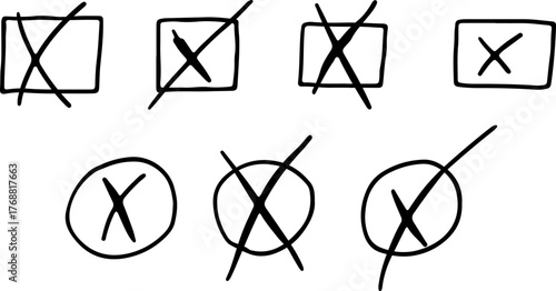 Hand-drawn black checklist icons with tick and cross symbols, featuring sketch-style V and X, isolated vector illustration.