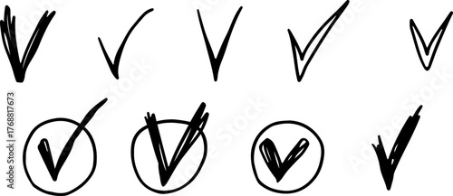 Vector doodles of black check and cross symbols, featuring hand-drawn V and X in sketch style, isolated design.