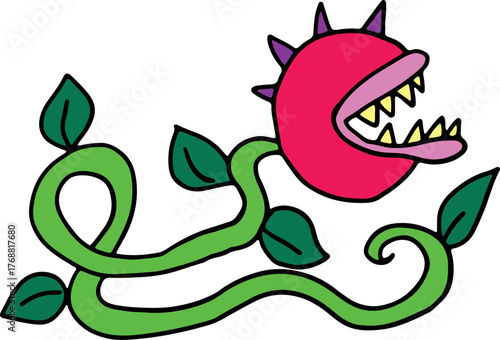 A funny pink predatory flower with a head with teeth and a long green tail. Drawn with black curved lines in grunge style